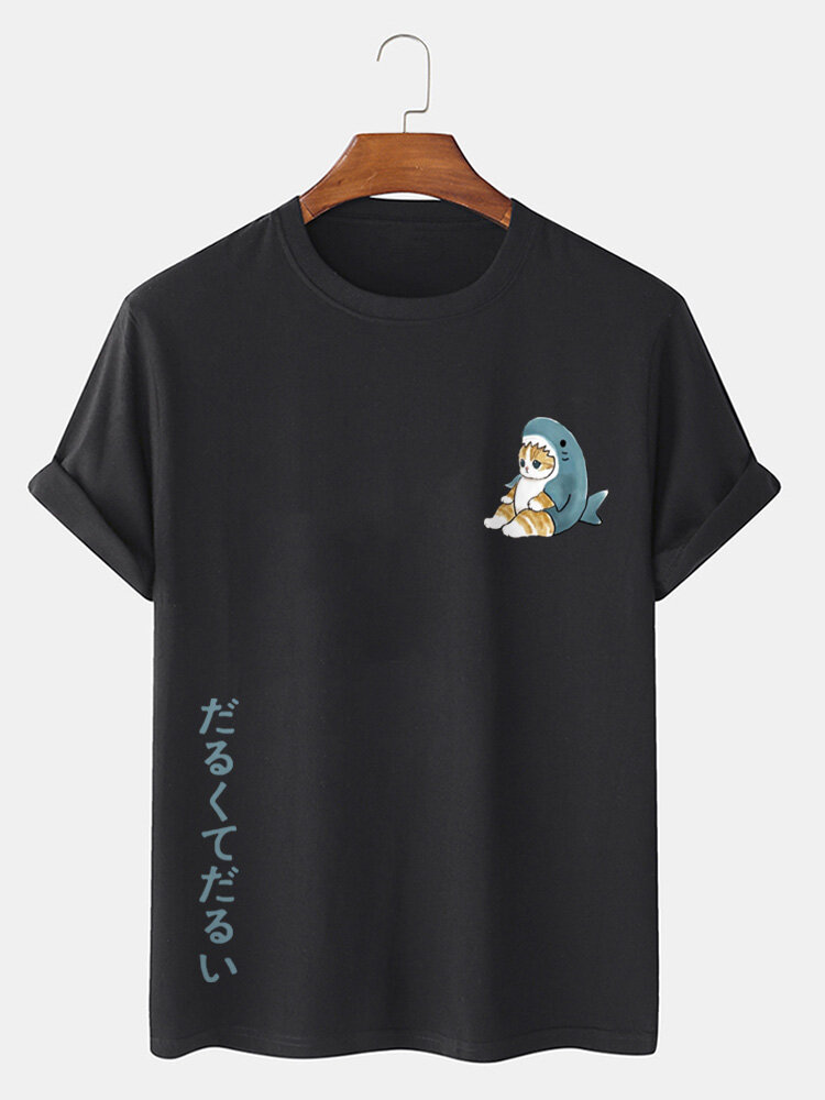 Mens Cartoon Shark Cat Japanese Print Short Sleeve T-Shirts