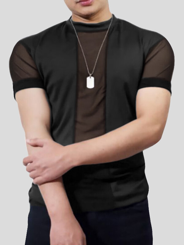 Camiseta masculina de malha patchwork transparente de manga curta