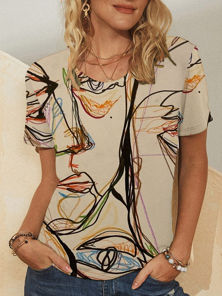Abstract Print Short Sleeve Plus Size Casual T-shirt for Women