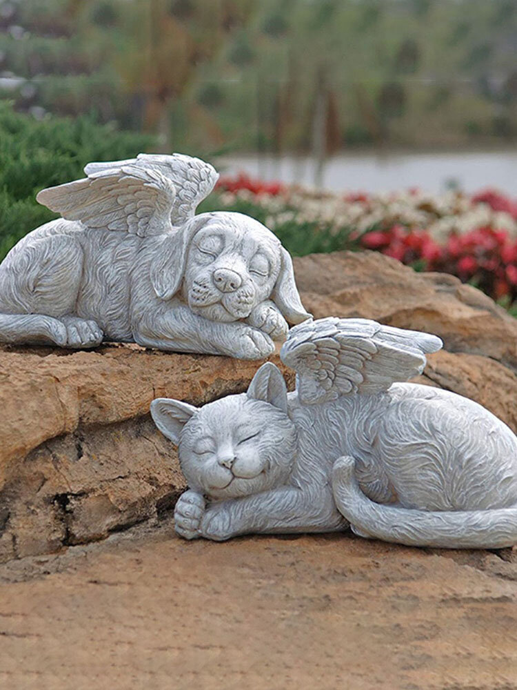 1 PC Angel Pet Statue Super Cute Sleeping Sunbathing Dog/Cat In Angel's Wing Resin Garden Ornament Home Decor