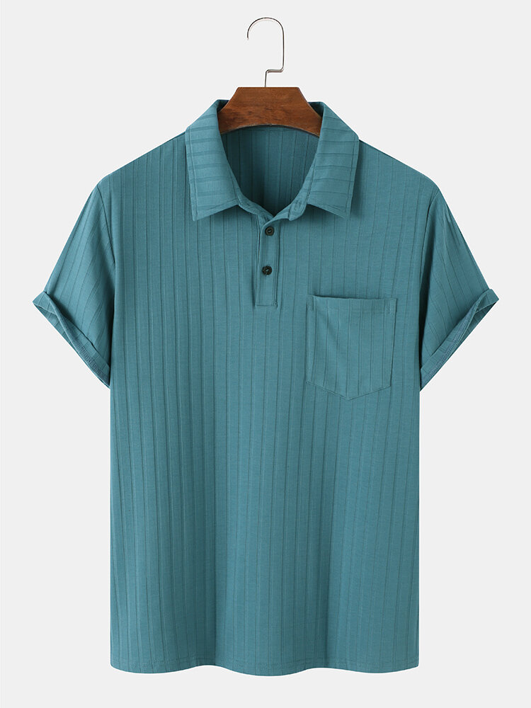 Mens Ribbed Texture Chest Pocket Short Sleeve Golf Shirts