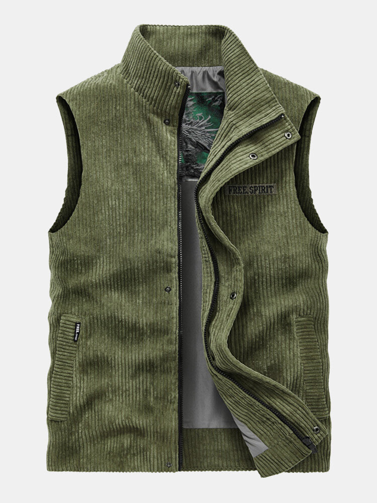 Mens Corduroy Letter Embroidered Stand Collar Snap Button Zip Casual Vests от Newchic WW