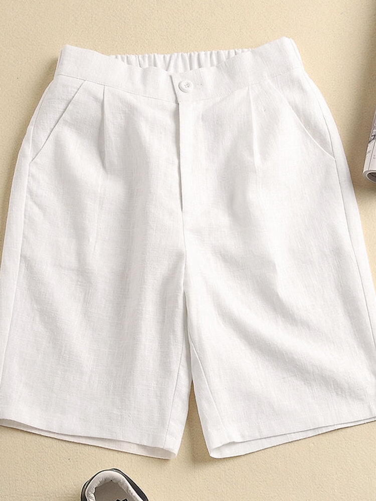 Solid Pocket Elastic Waist Casual Shorts For Women