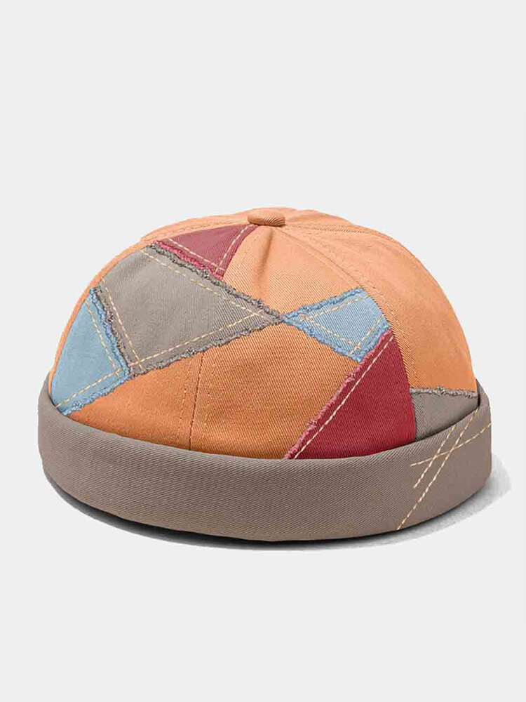 Unisex Twill Polyester Cotton Color Contrast Patchwork Embroidery Thread Brimless Beanie Landlord Cap Skull Cap