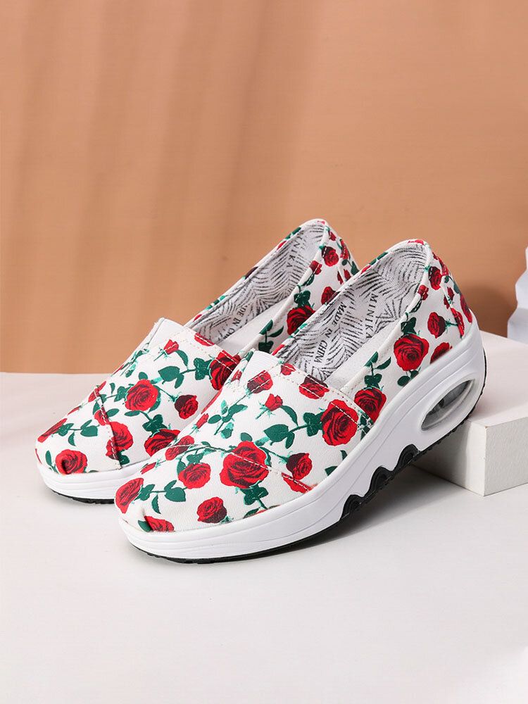 

Women Rose Print Canvas Breathable Slip Resistant Wedges Casual Comfy Slip On Cushioned Rocker Sole Sneakers, White