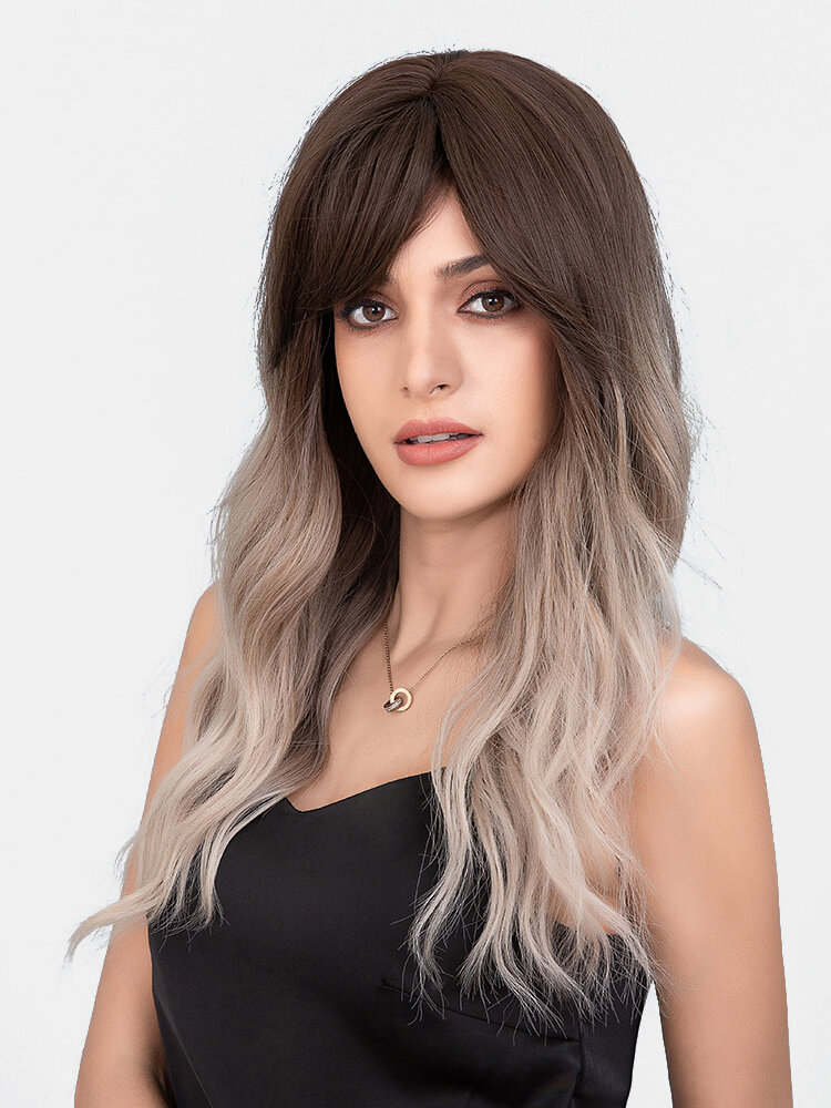 

24 Inch Brown Gradient Gray Long Curly Hair Oblique Bangs Full Head Cover Wig Prom Headgear