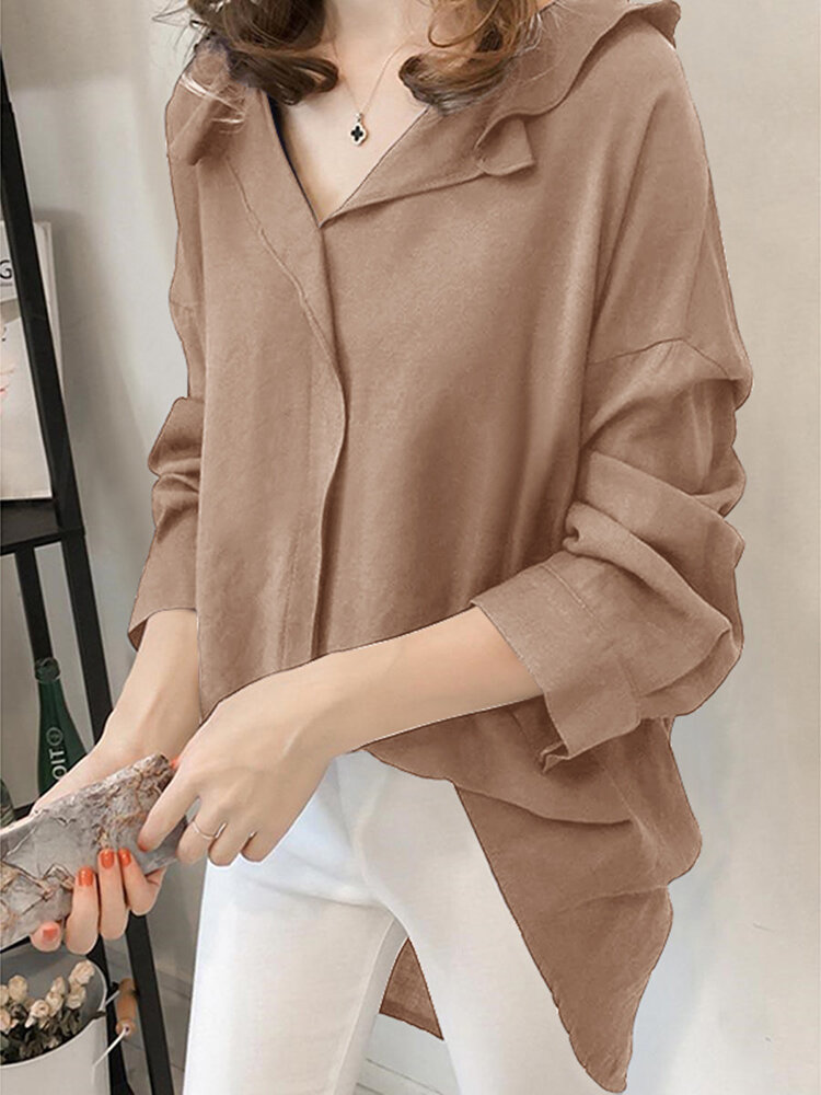 Solid Ruffle Loose Slit Long Sleeve Casual Women Blouse