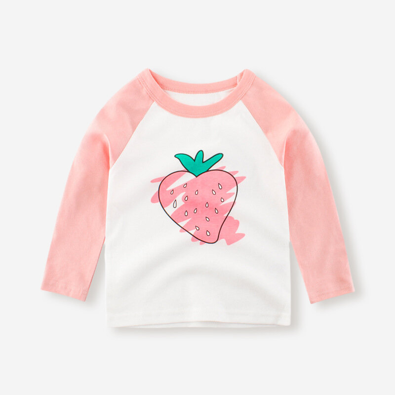Girl's Strawberry Print Long Sleeves Patchwork Casual T-shirt For 2-10Y
