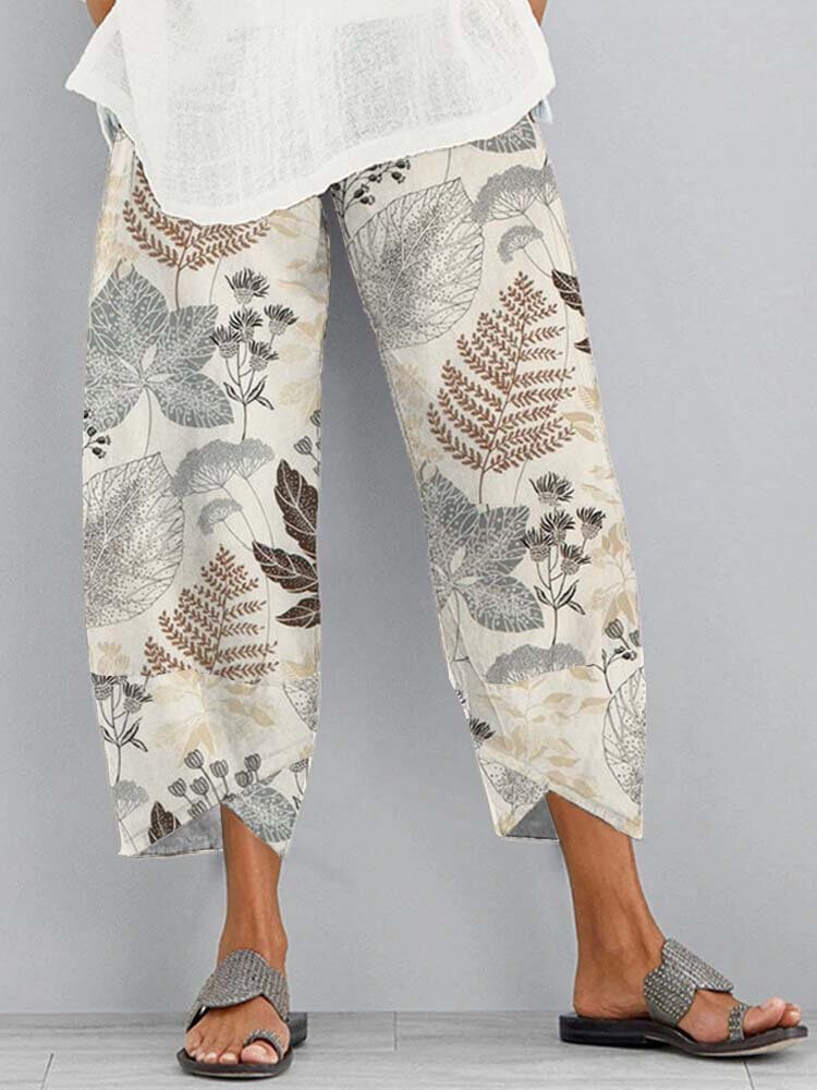 

Women Allover Plant Leaf Print Irregular Cuff Cropped Pants, Apricot