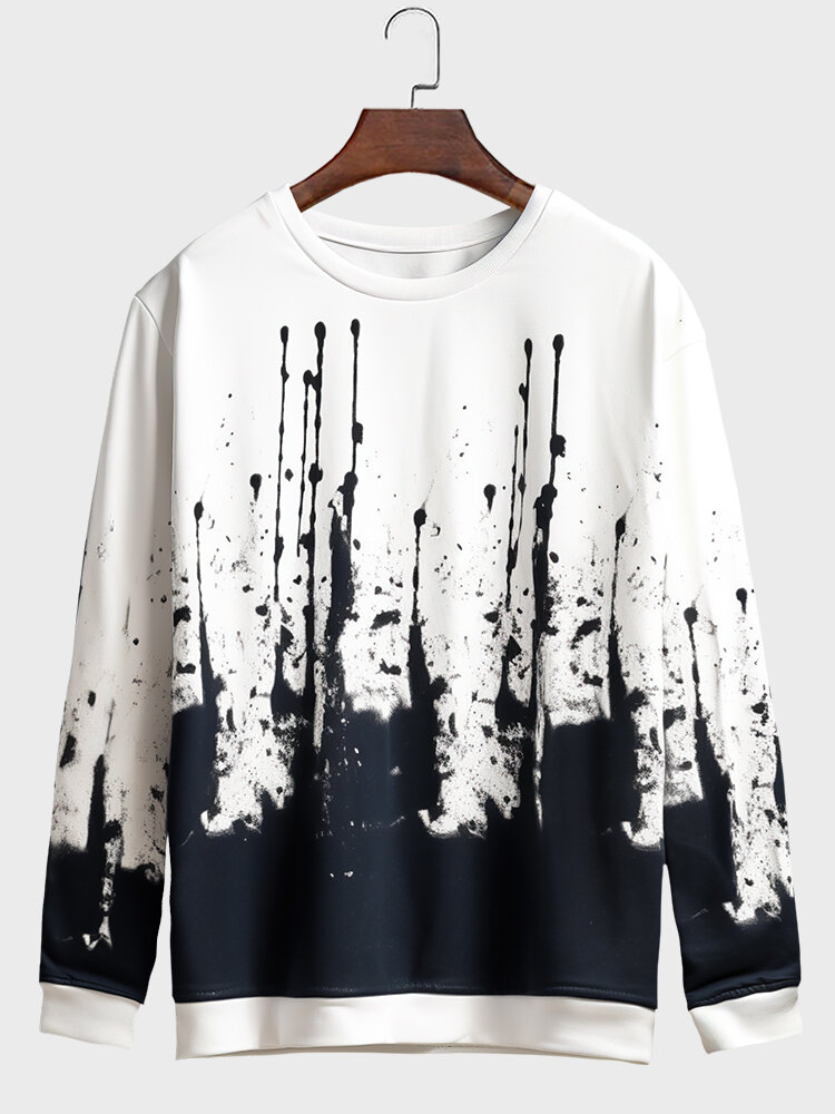 

Mens Chinese Splash Ink Print Crew Neck Pullover Sweatshirts Winter, White