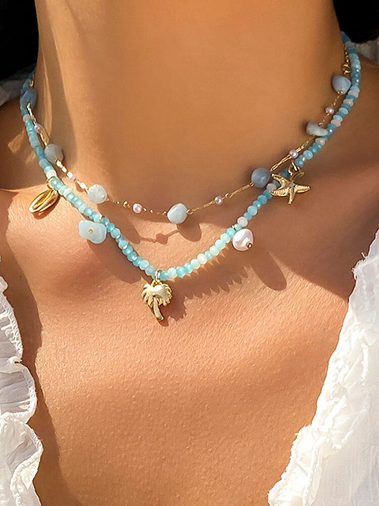 

2 Pcs Alloy Bohemian Multi Layer Fashion Geometric Shell Pendant Crystal Beads Short Clavicle Chain Choker Necklace, Gold