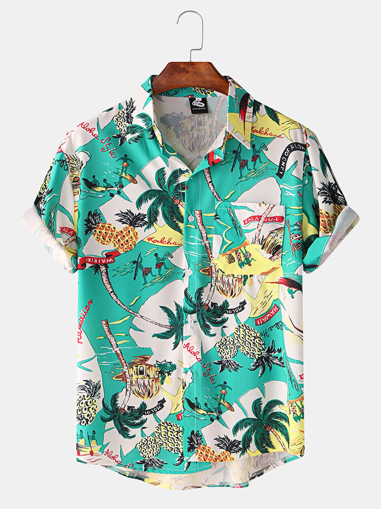 Mens Coconut Beach Print Lapel Casual Loose Short Sleeve Shirt