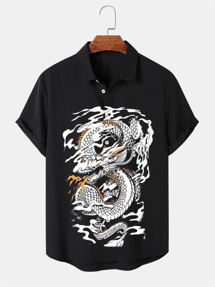 Mens Dragon Print Lapel Button Up Short Sleeve Shirts Winter