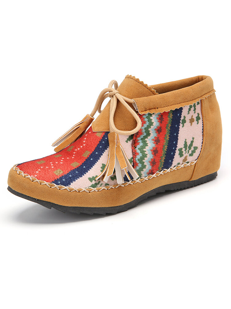 

Plus Size Women Folkways Colorblock Striped Comfy Suede Non Slip Tassel Lace-up Ankle Boots, Yellow;brown;black;red