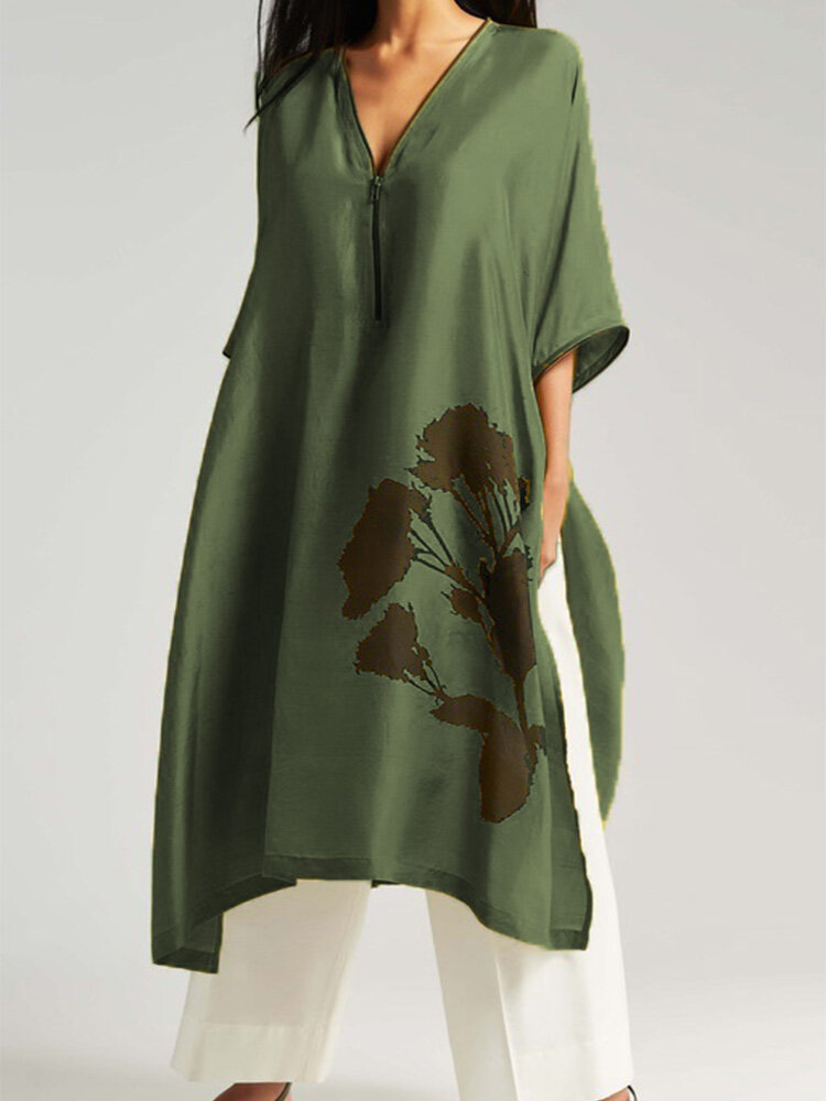 

Asymmetrical Print Zipper V-neck Batwing Plus Size Blouse, Wine red;army green