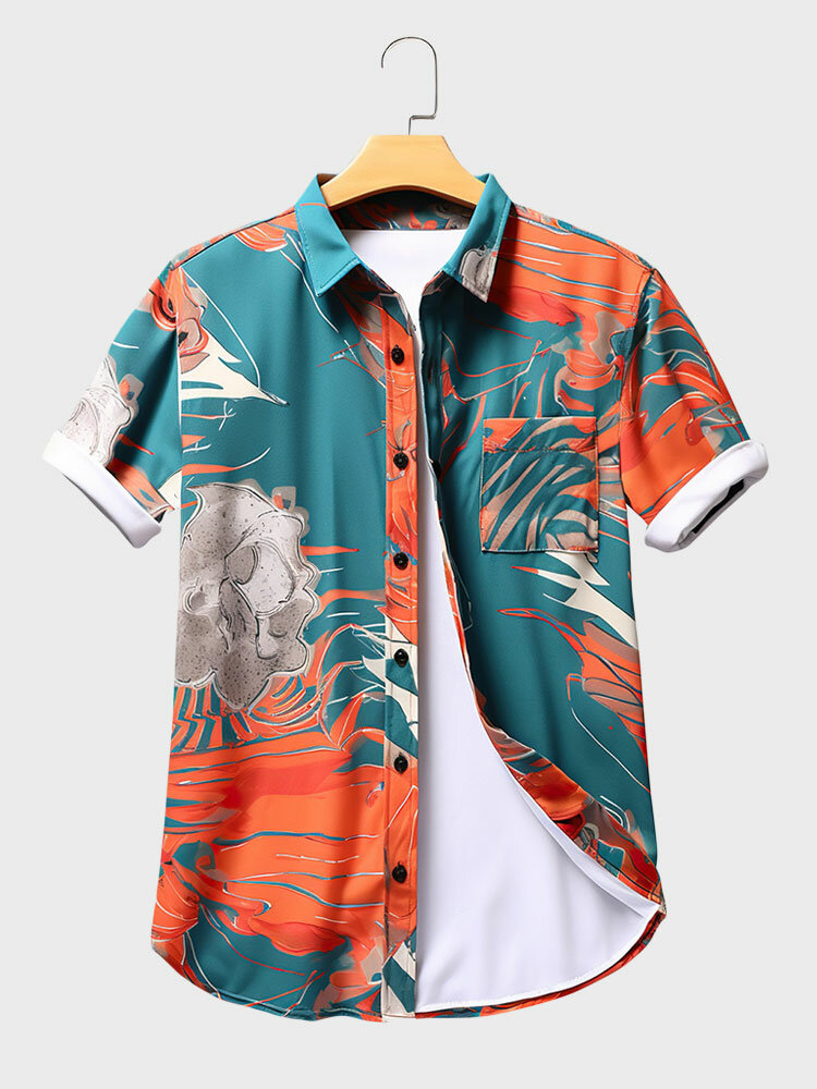 Mens Tropical Plant Print Lapel Vacation Short Sleeve Shirts