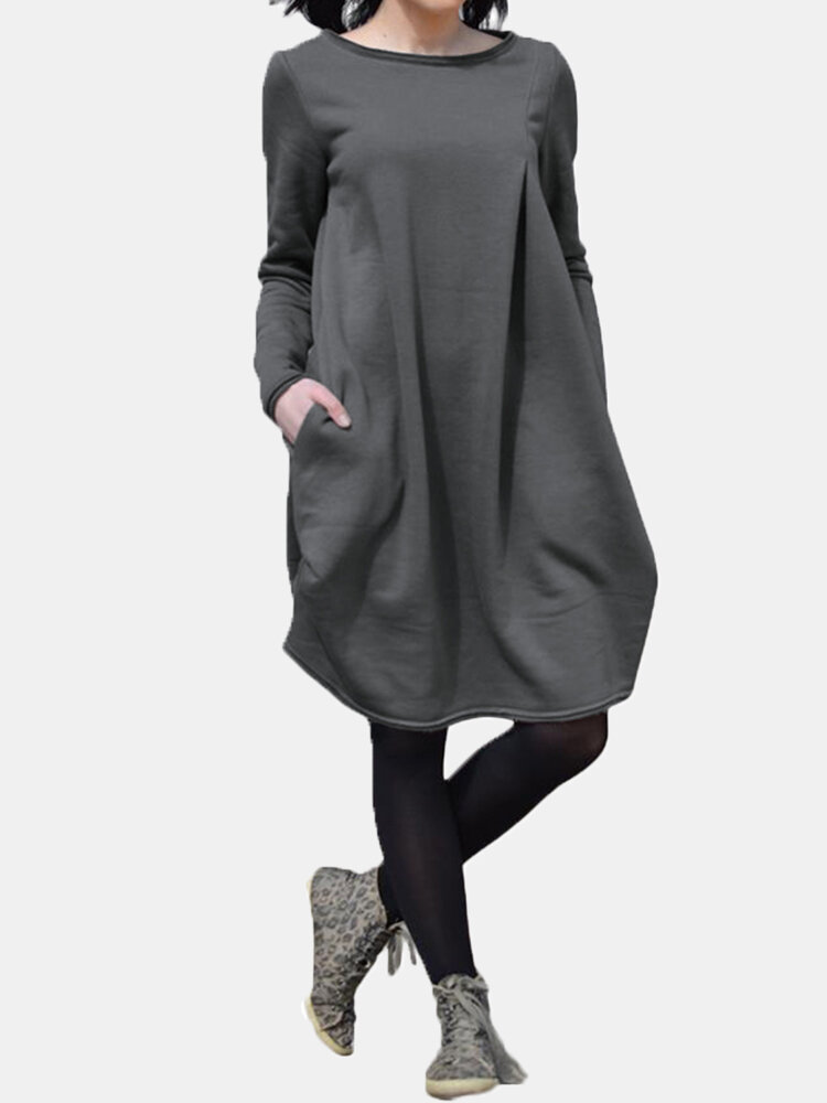 Solid Color O-neck Long Sleeves Casual Dress With Pocket