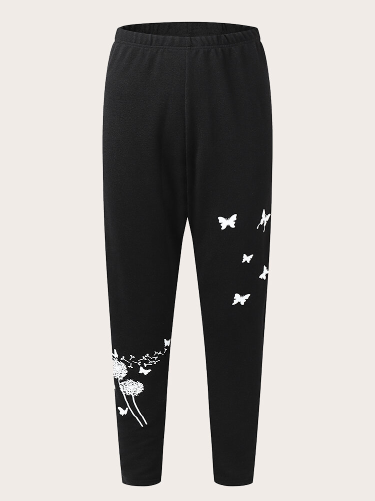 Plus Size Butterfly Flower Print Elastic Waist Skinny Pants