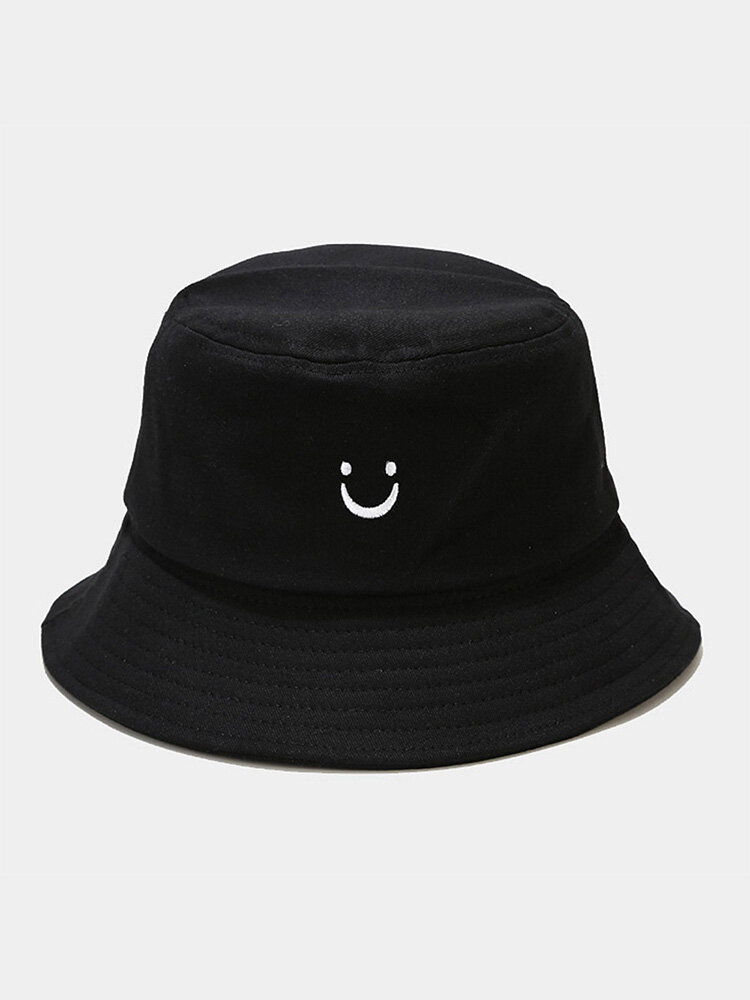 Unisex Cotton Solid Color Smile Face Pattern Embroidery Simple Sunshade Bucket Hat