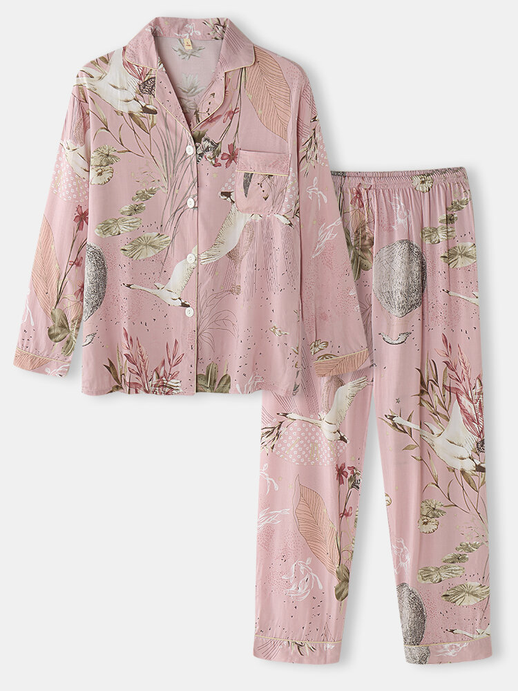 

Swan and Fish Print Pajama Set, Pink