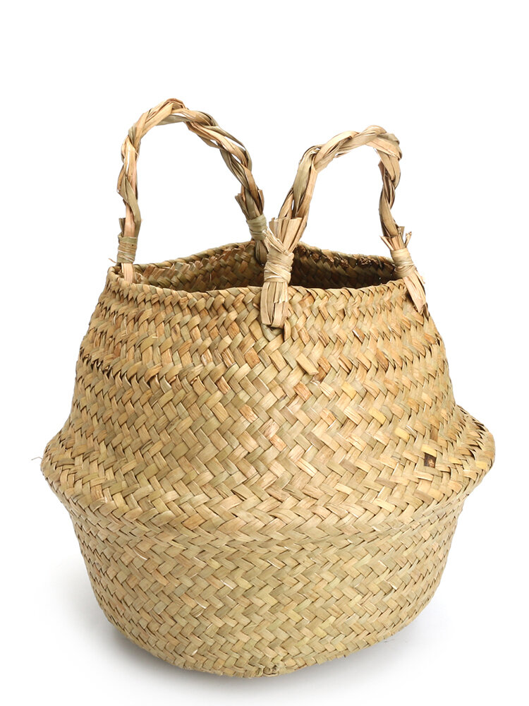 2pcs Seagrass Belly Basket Natural Storage Plant Pot Room Foldable Laundry Bag Portable Tote Bag