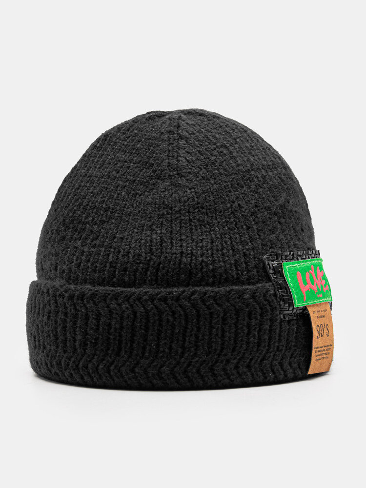Unisex Knitted Solid Color Jacquard Letter Label Flanging All-match Warmth Brimless Beanie Hat
