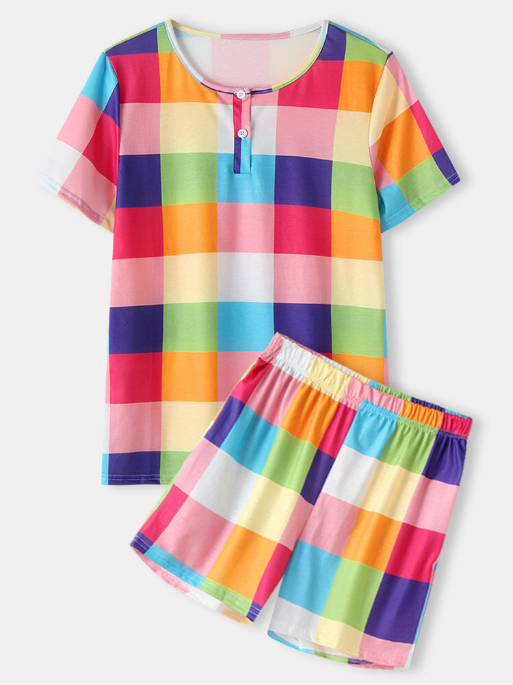 

Plus Size Women Colorful Check Quarter Button Short Sleeve Cozy Loungewear, Multi color