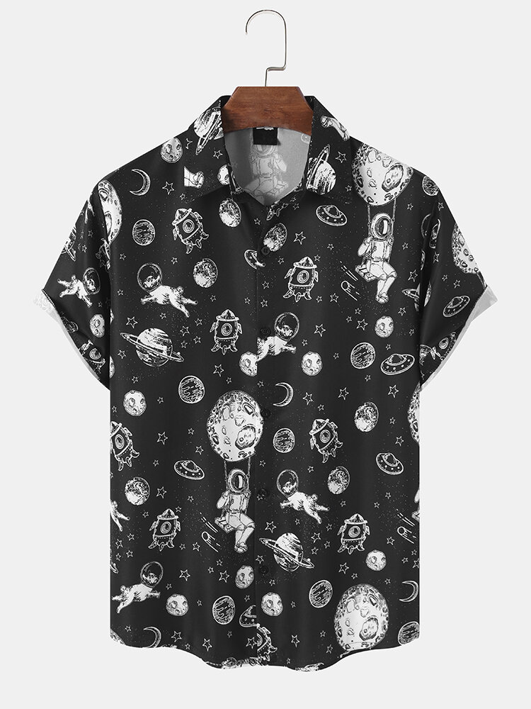Mens Astronaut Animals Galaxy Print Street Short Sleeve Shirts