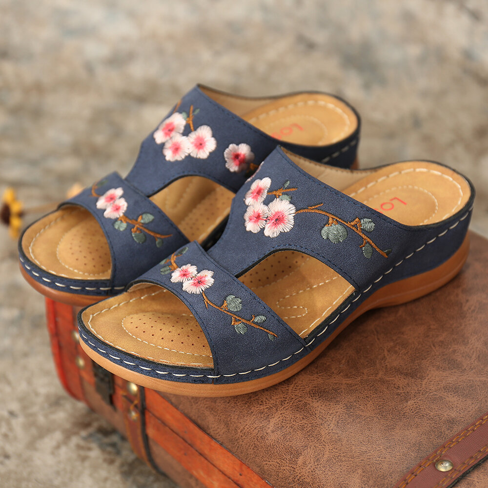 LOSTISY Flower Embroidered Vintage Casual Wedges Sandals