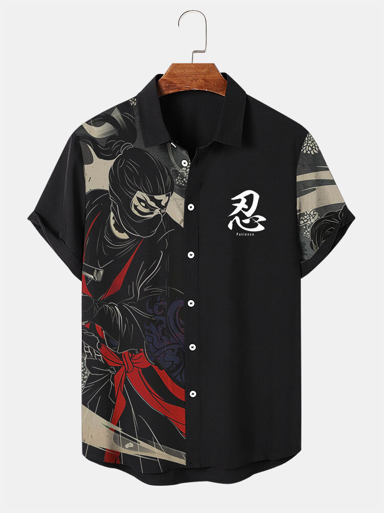 Herren-Hemden mit japanischem Ninja-Print, Patchwork-Revers, kurzärmelig