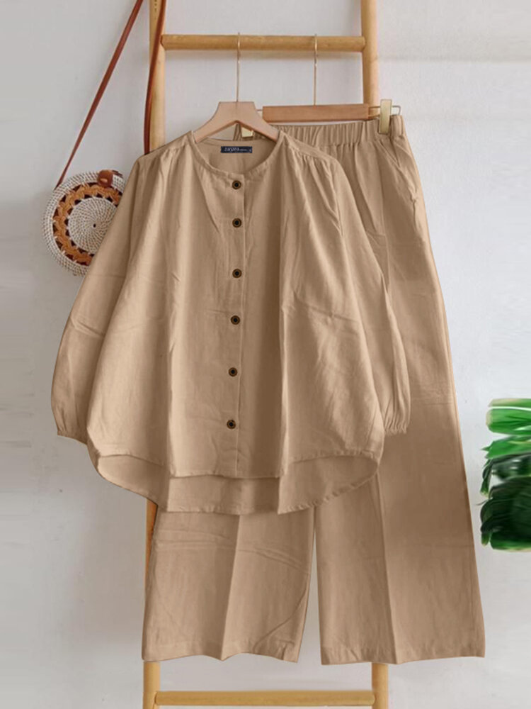 Women Solid Button Front Wide Leg Pants Casual Co-ords