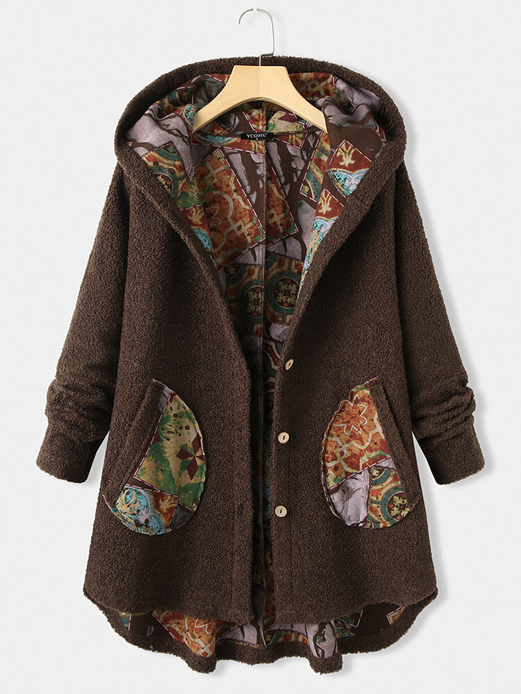 Abrigo asimétrico de patchwork con capucha y manga larga estampado vintage para Mujer