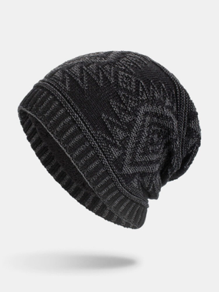 Men Wool Diamond Pattern Outdoor Keep Warm Brimless Beanie Knitted Woolen Hat