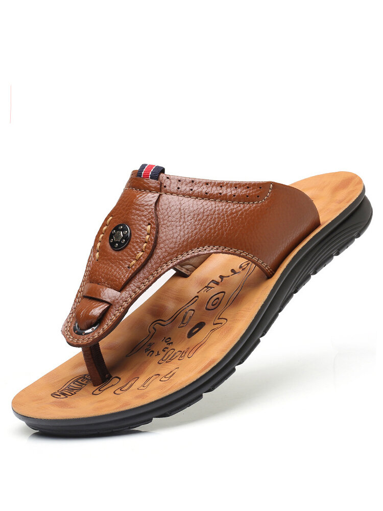 Men Cowhide Leather Silp On Flip Flop Outdoor Beach Slippers
