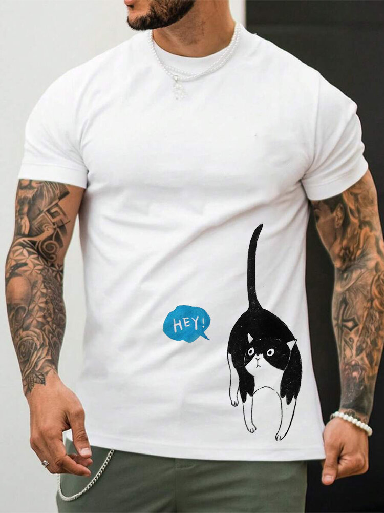 T-shirts à manches courtes et col rond imprimés de lettres de chat de dessin animé pour hommes, hiver