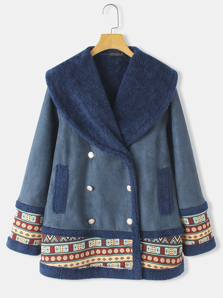 Fleece Ethnic Print Patchwork Lapel Vintage Coat For Women