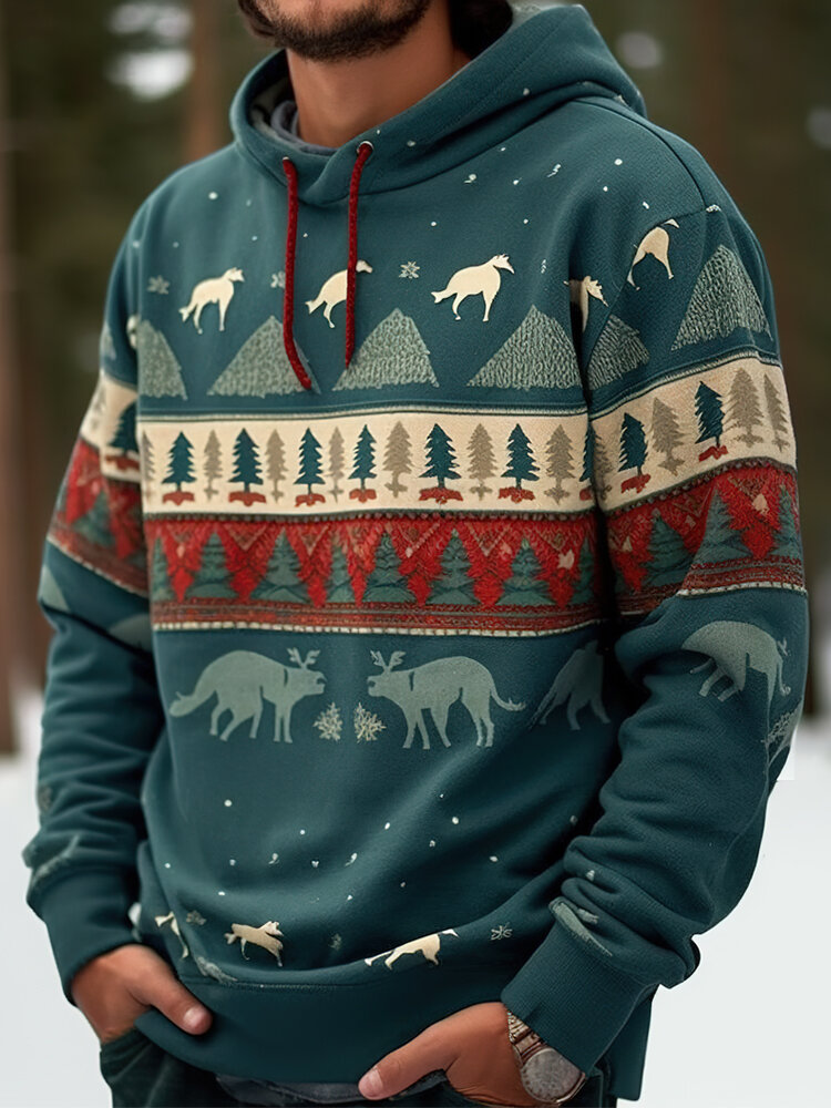 Mens Christmas Tree Elk Print Long Sleeve Drawstring Hoodies