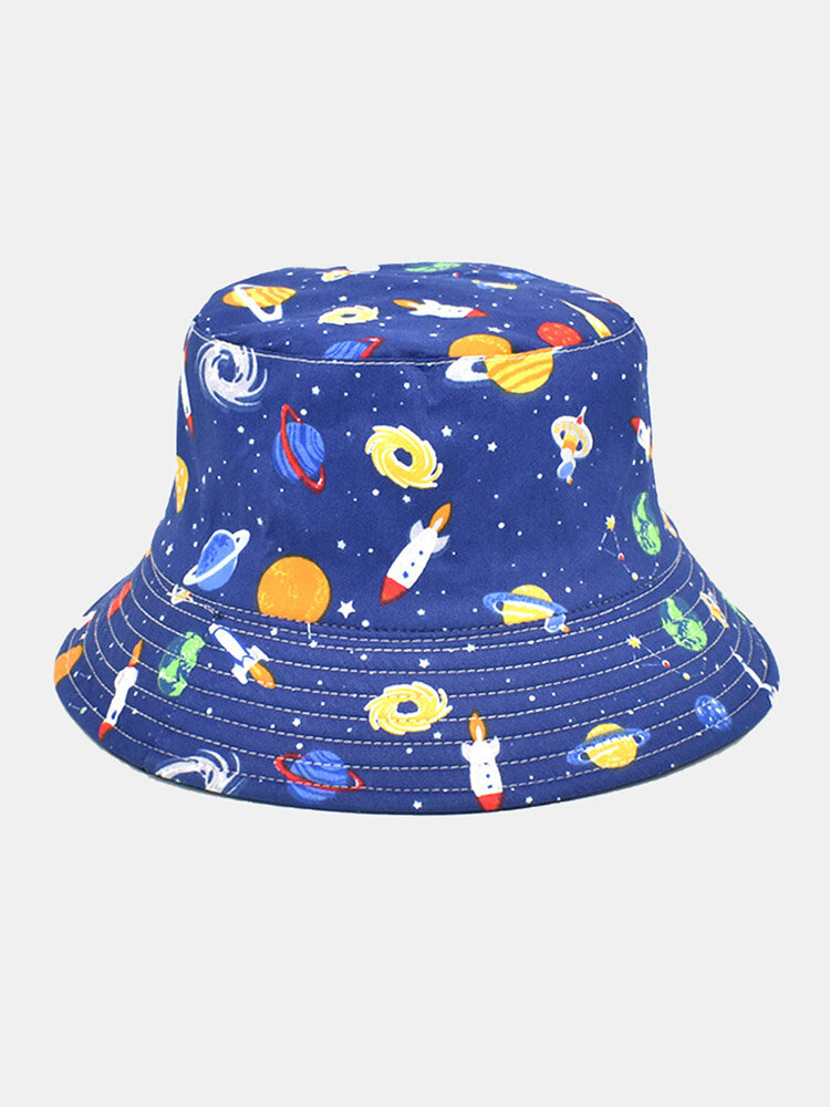 Unisex Cotton Overlay Cartoon Whale Planet Rocket Coral Print Double-sided Wearable Fashion Bucket Hat