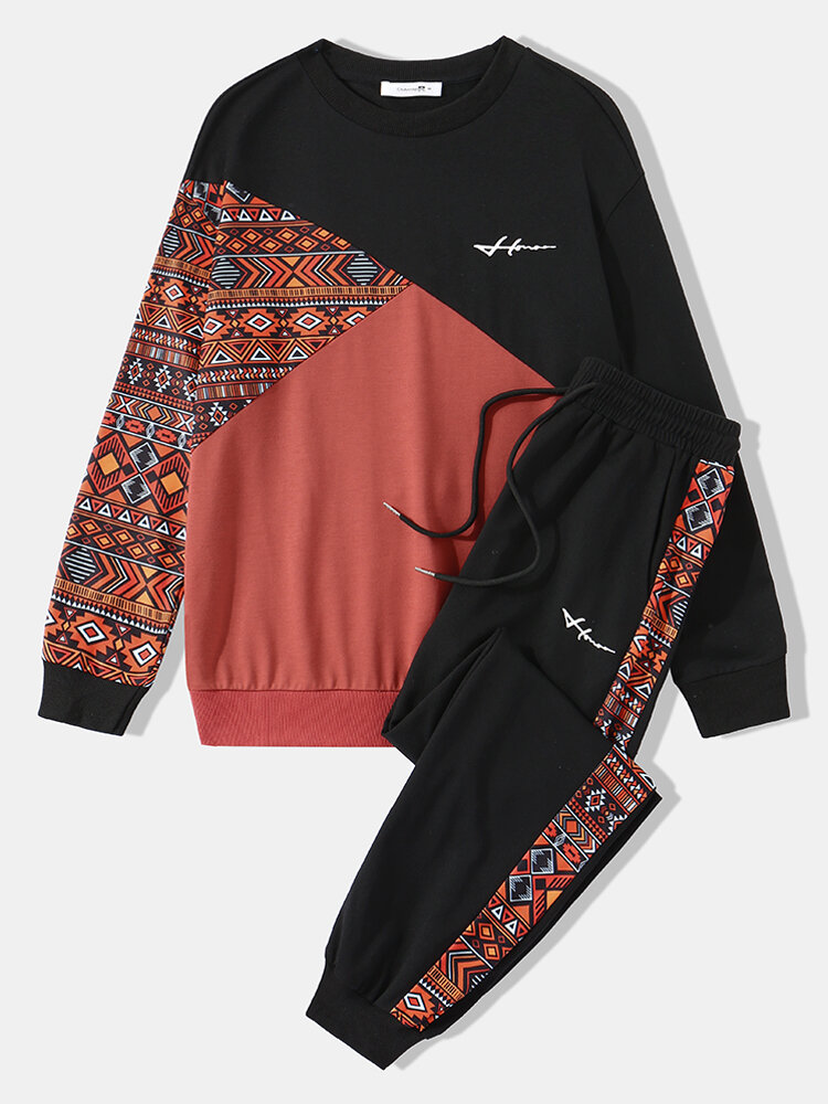 Mens Geometric Print Color Block Patchwork Sweatshirt Ethnic Two Pieces Outfits