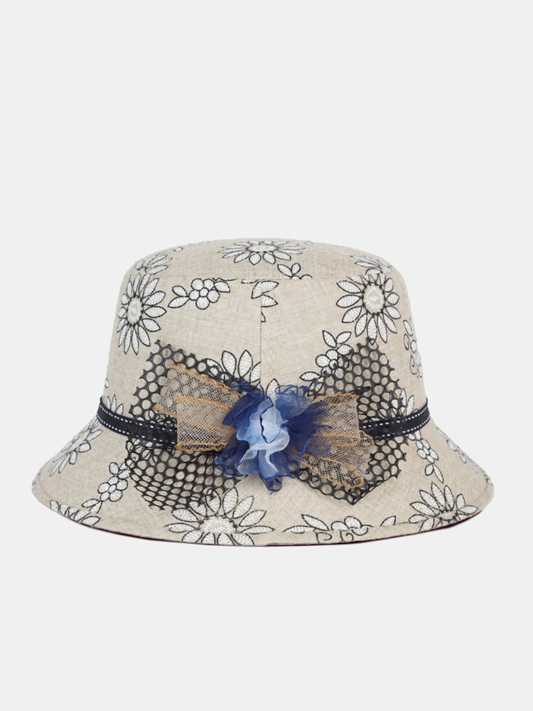 Women Cotton Calico Pattern Bowknot Decoration Sunshade Breathable Bucket Hat