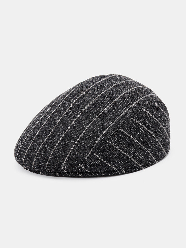 Mens Winter Warm Flax Stripe Beret Cap Comfortable Casual Outdoor Home Forward Hat