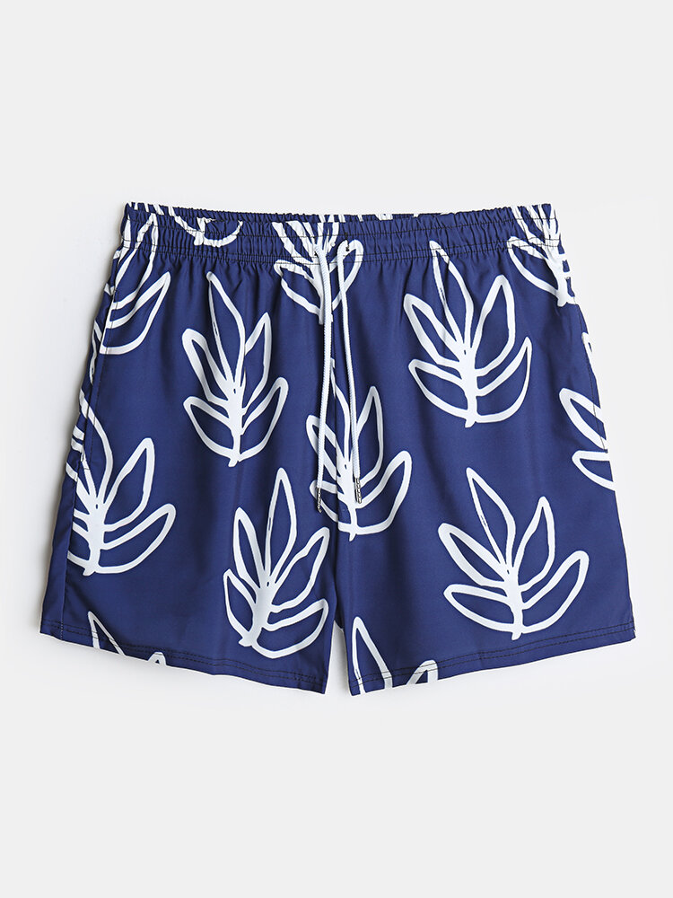 Mens Hand Painted Leaf Print Breathable Casual Drawstring Swim Trunks