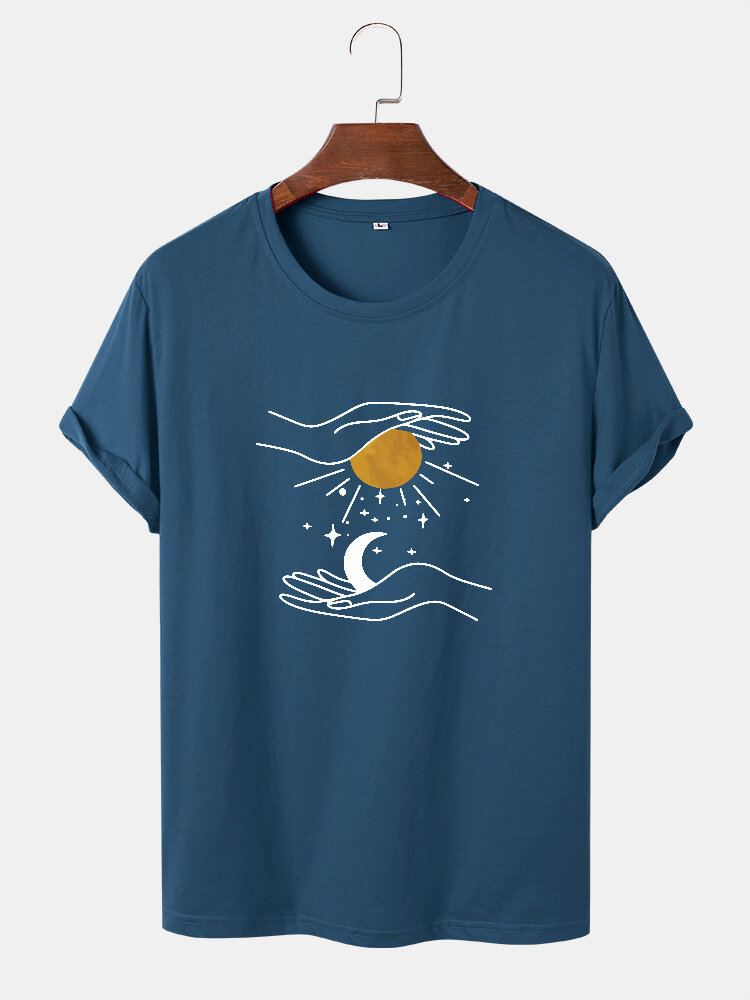 

Mens Hand Sun & Moon Print Simple O Neck Short Sleeve T-Shirts, Navy