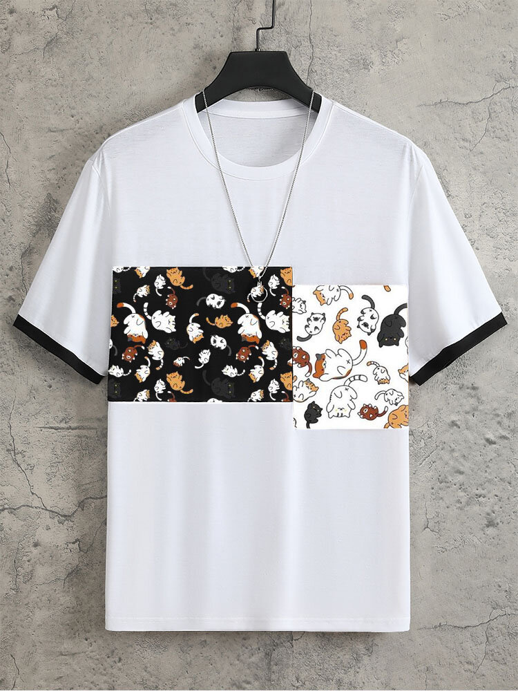 

Mens Cartoon Cat Print Patchwork Crew Neck Short Sleeve T-Shirts, White
