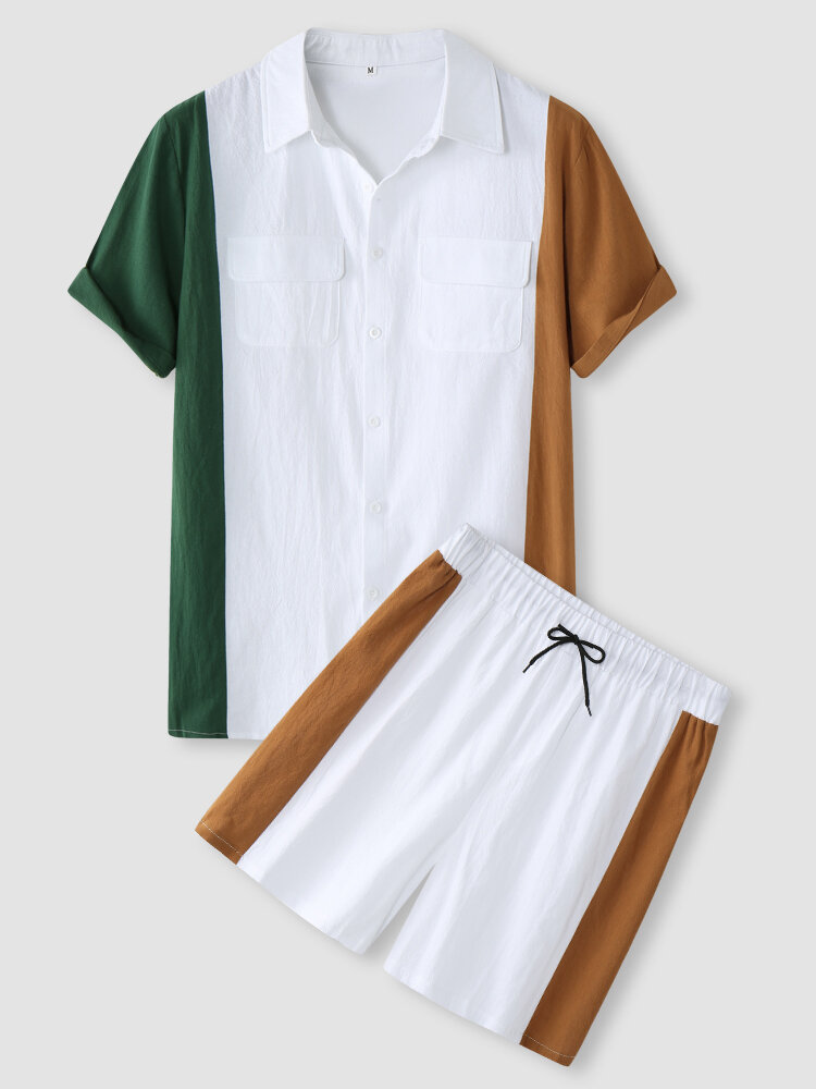 Mens Colorblock Patchwork Double Flap Pocket Cotton Casual Short Two Pieces Outfits