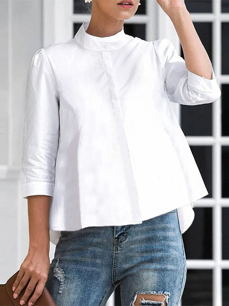 Women Solid Stand Collar Concealed Placket Casual Shirt