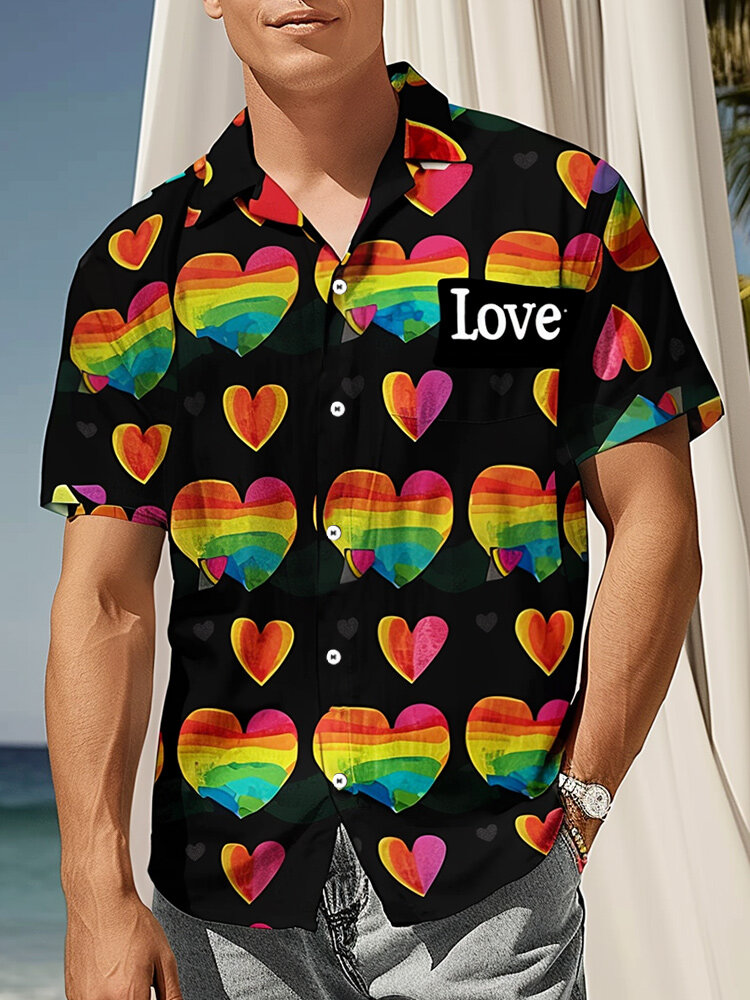 

Mens Colorful Hearts Print Lapel Collar Short Sleeve Shirts, Black
