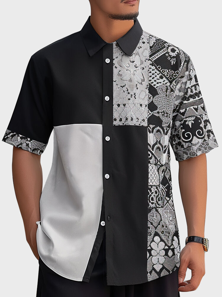 Camisas de manga corta con solapa y patchwork de bloques de color con estampado floral étnico para hombre