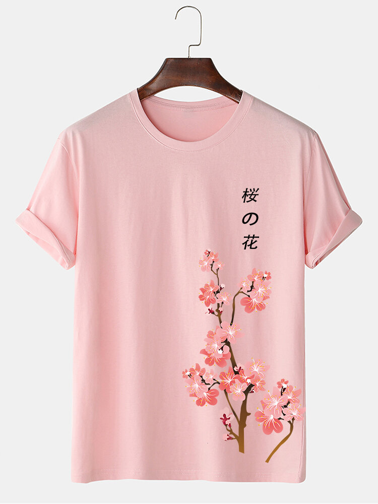 Mens Japanese Cherry Blossoms Print 100% Cotton Short Sleeve T-Shirts