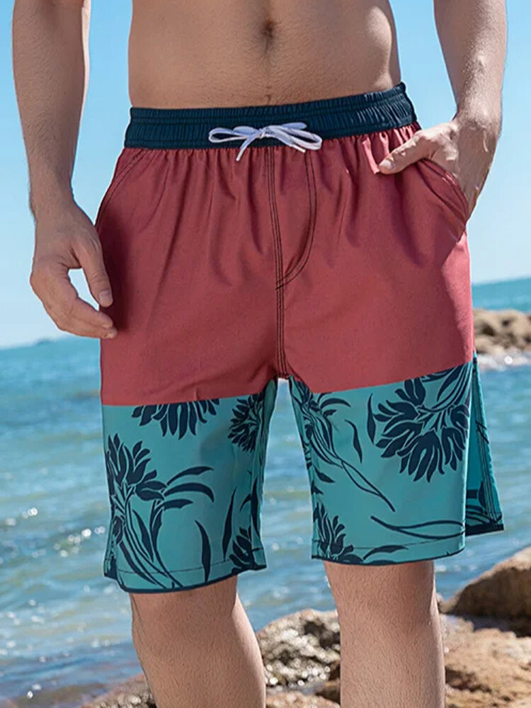 Mens Tropical Plant Print Patchwork Loose Drawstring Shorts
